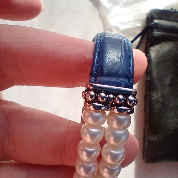 Honora Double Row Freshwater Pearl Royal Blue Genuine Leather Bracelet 925 - Picture 6 of 10